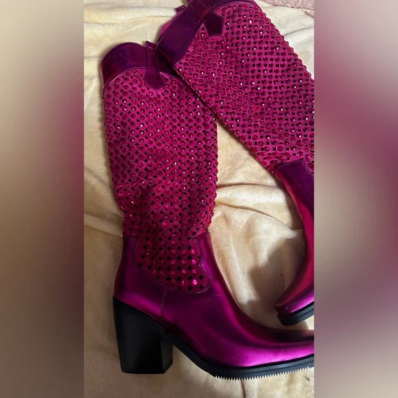 Fuchsia Studded Heeled Boots - Picture 3 of 9